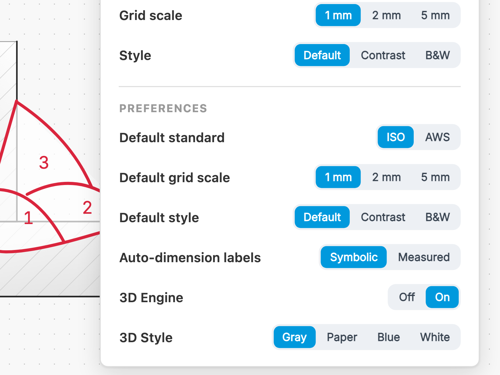 The settings panel in Weldia Designer 2, the preferences group