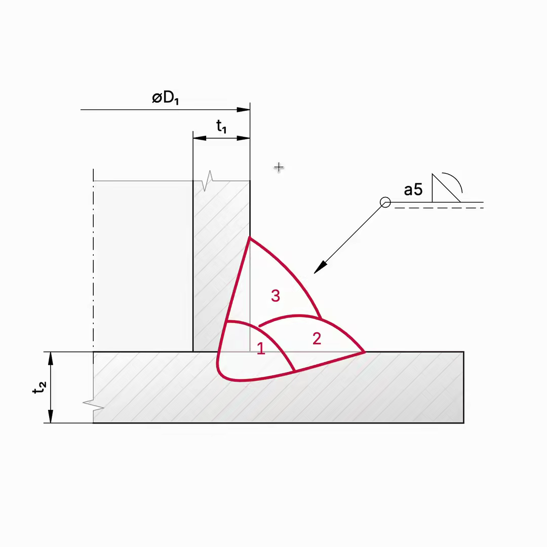 Pipe-to-plate joint with three numbered beads, dimensions ⌀D1, t1 and t2, and an a5 weld symbol, as shown in the video